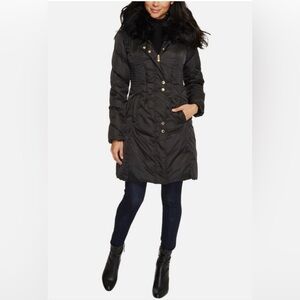 Via Spiga Women's Black Waterproof Faux Fur Coat sz Meidum Gold Hardware